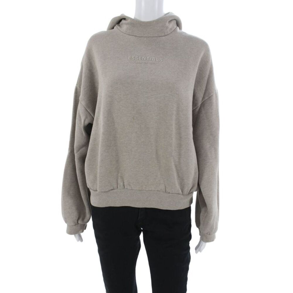 Essentials Unisex Pullover Hoodie High Neck Cotton Blend Beige Size XS